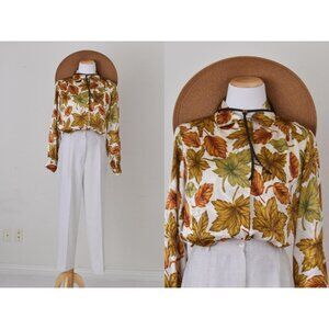 Vintage 80s Fall Leaves Polyester Button‎ up Blouse by Notations Petite | size 8